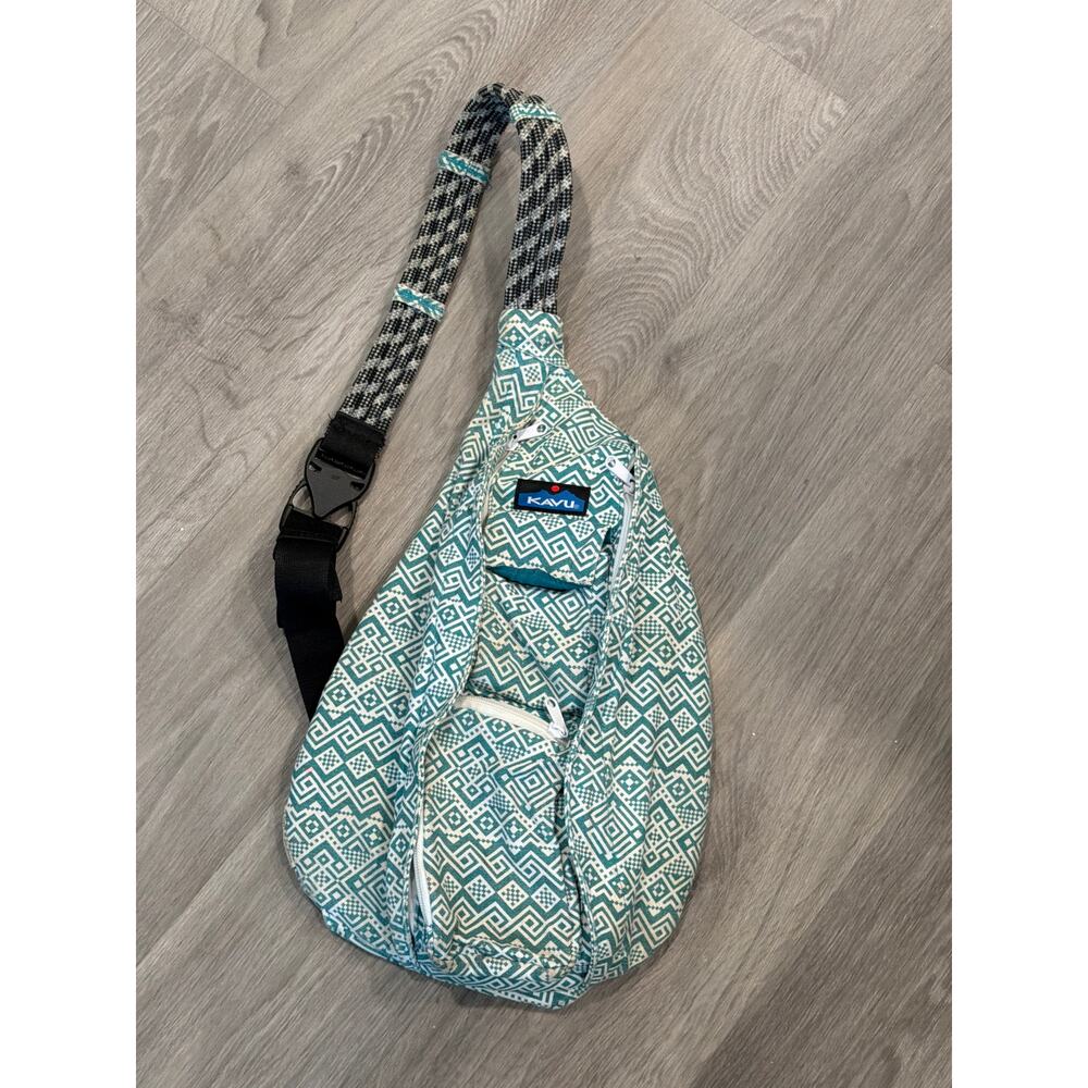KAVU Original Rope Sling Bag in a teal blue and white geometric pattern